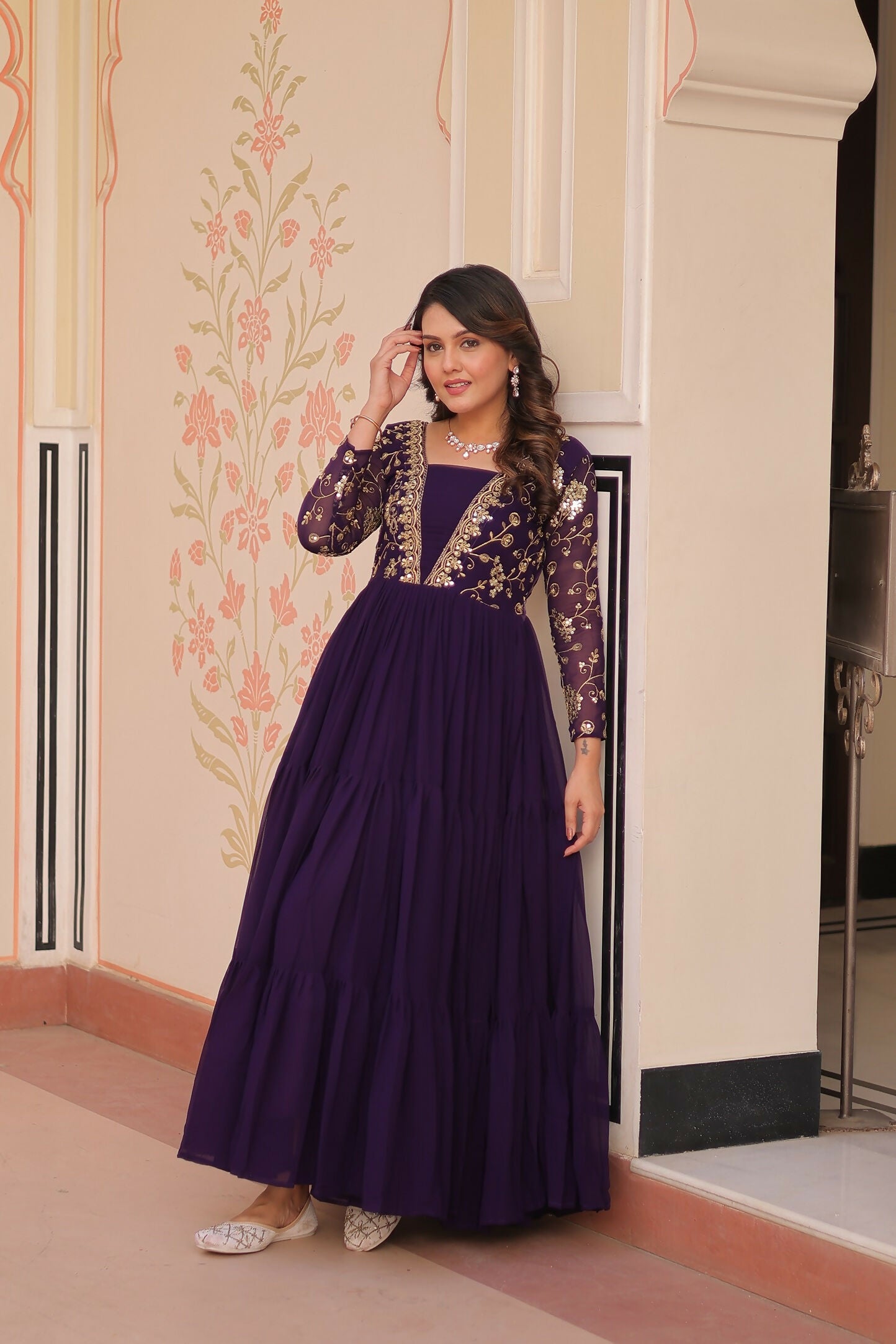 Joban Fashion Purple Georgette Sequence Embroidery Work Dress