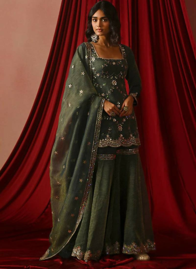 Jihu Culture Women's Olive Green Zari Embroidery Work Kurta Suit Set
