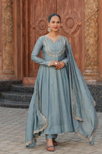 Thumbnail for The52 Teal Blue Women's Gorgeous Vichitra Silk Fabric Embroidered Work Flared Anarkali Pant and Dupatta Set