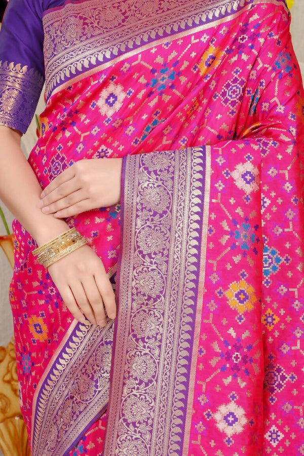 Jyoti Fashion Women's Rani Pink Patola Silk Zari Woven Saree with Blouse - Distacart