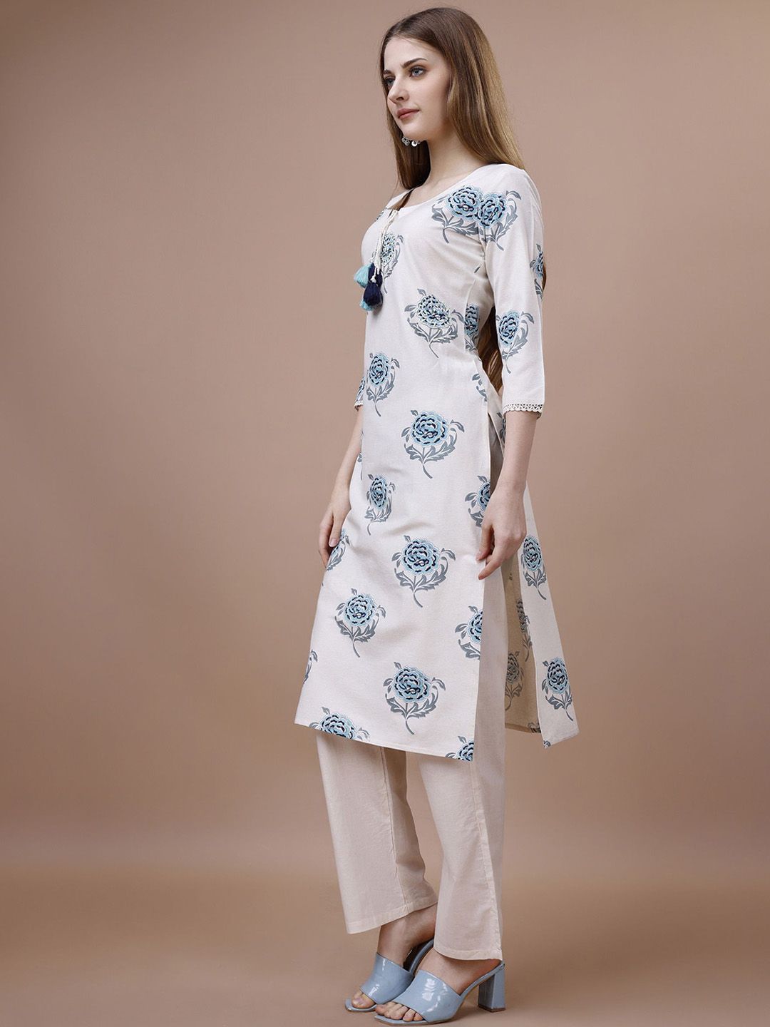 Ode by House of Pataudi Floral Printed Tie-Up Neck Cotton Straight Kurta - Distacart