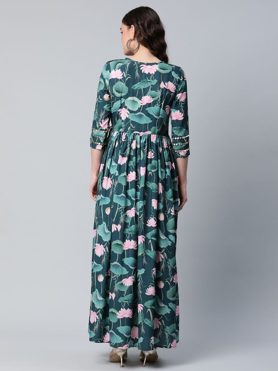 Ahalyaa Women Dark Green Crepe Digital Print Dress - Distacart
