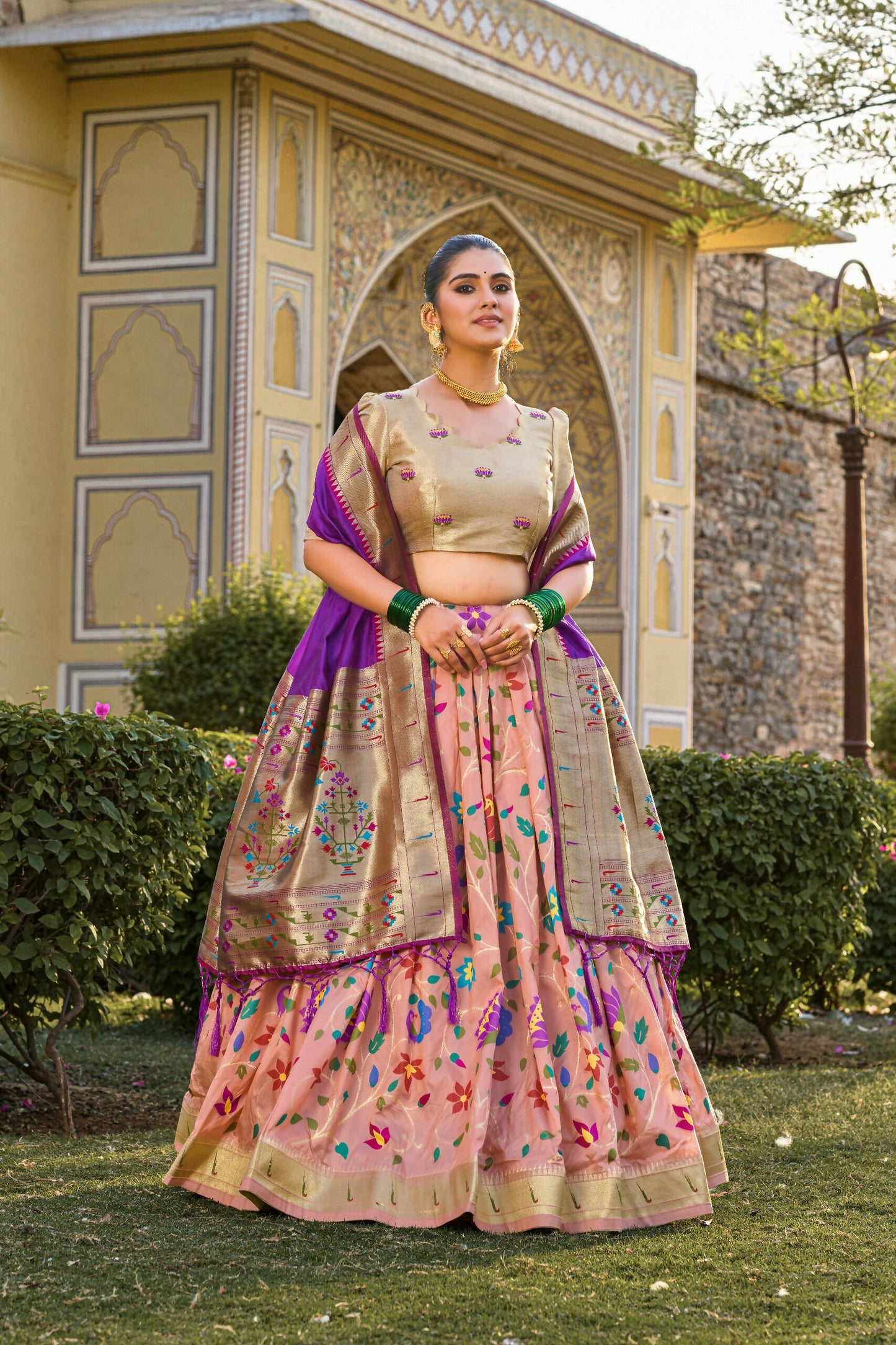 Vastranavya Traditional Jacquard Silk Paithani Lehenga Choli - Peach - Distacart