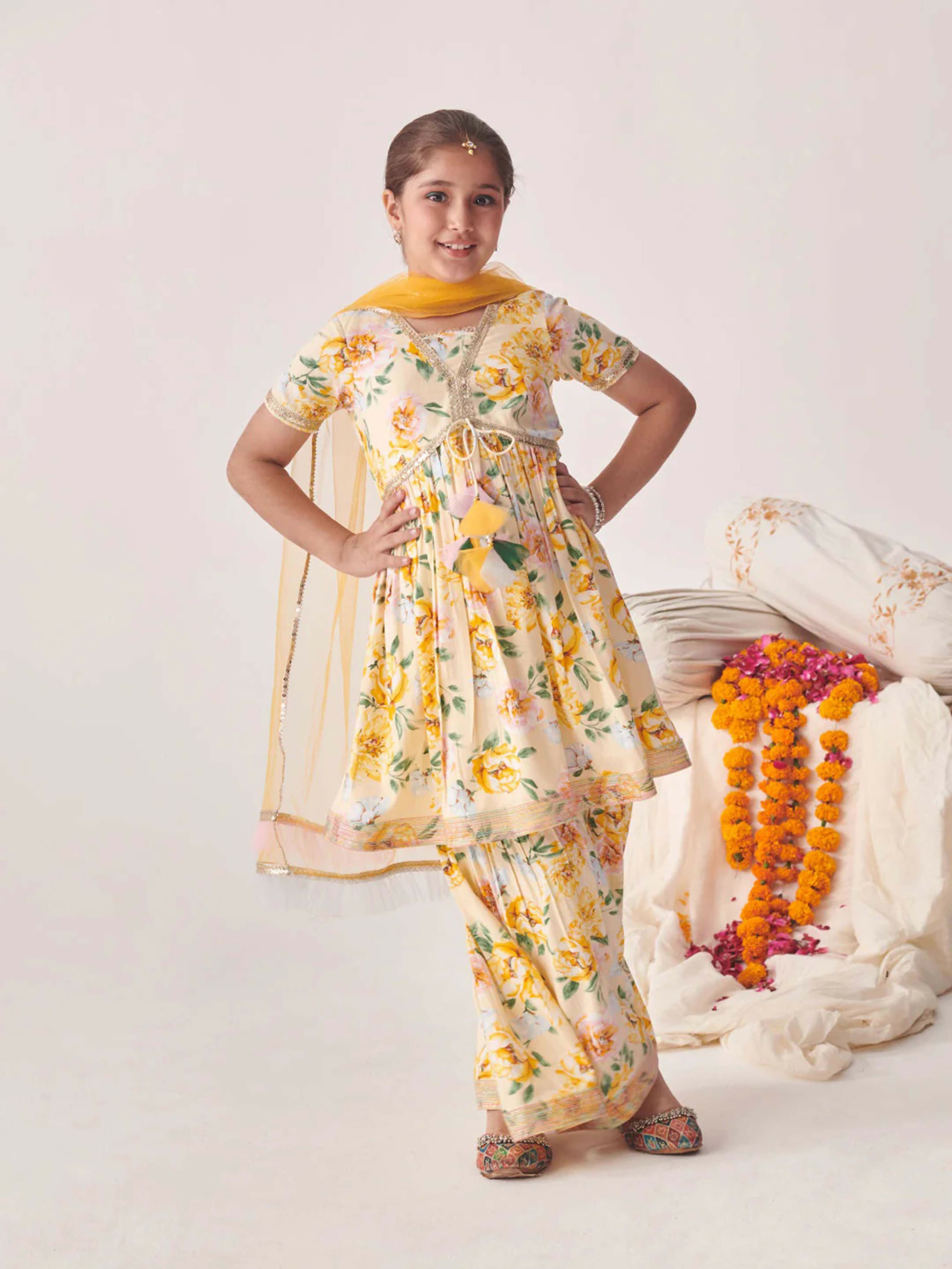 Joban Fashion Girl's White & Yellow Color Sharara Set
