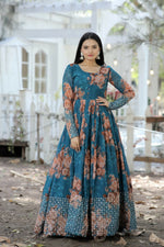 Thumbnail for Jyoti Fashion Women's Teal Sequence Zari Embroidered Faux Georgette Anarkali Dress - Distacart