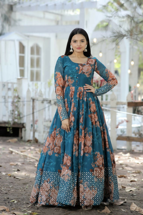 Jyoti Fashion Women's Teal Sequence Zari Embroidered Faux Georgette Anarkali Dress - Distacart