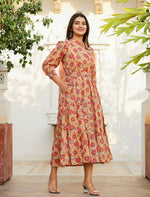 Thumbnail for Kaajh Women's Yellow-Red Floral Hand Block Print Cotton Dress - Distacart