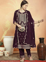 Thumbnail for Jyoti Fashion Women's Wine Velvet Cording with Resham Thread & Sequin Kurta with Trouser & Dupatta - Distacart