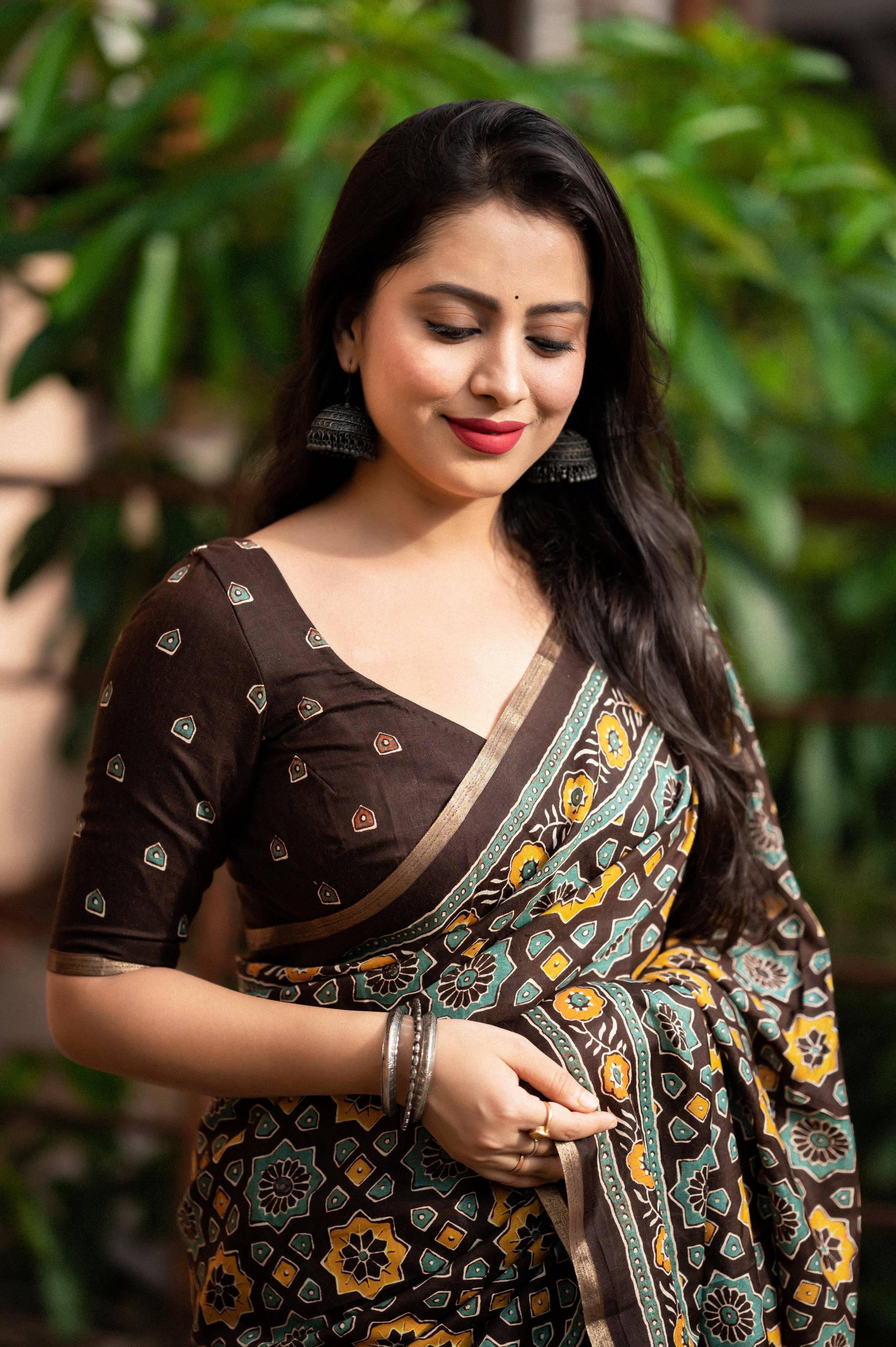 Coffee Cotton Blend Ajrak Saree with Unstitched Blouse - Hiral Fashion - Distacart
