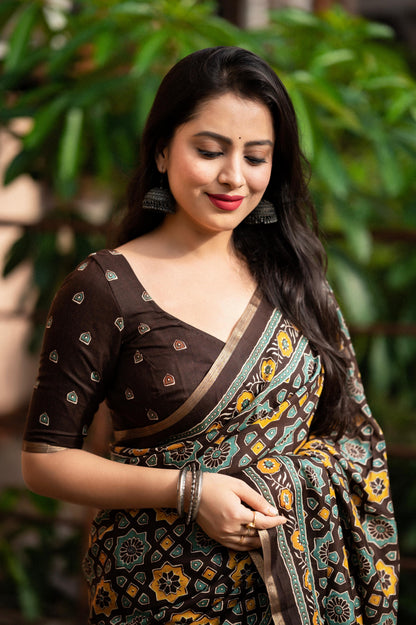 Coffee Cotton Blend Ajrak Saree with Unstitched Blouse - A2M - Distacart