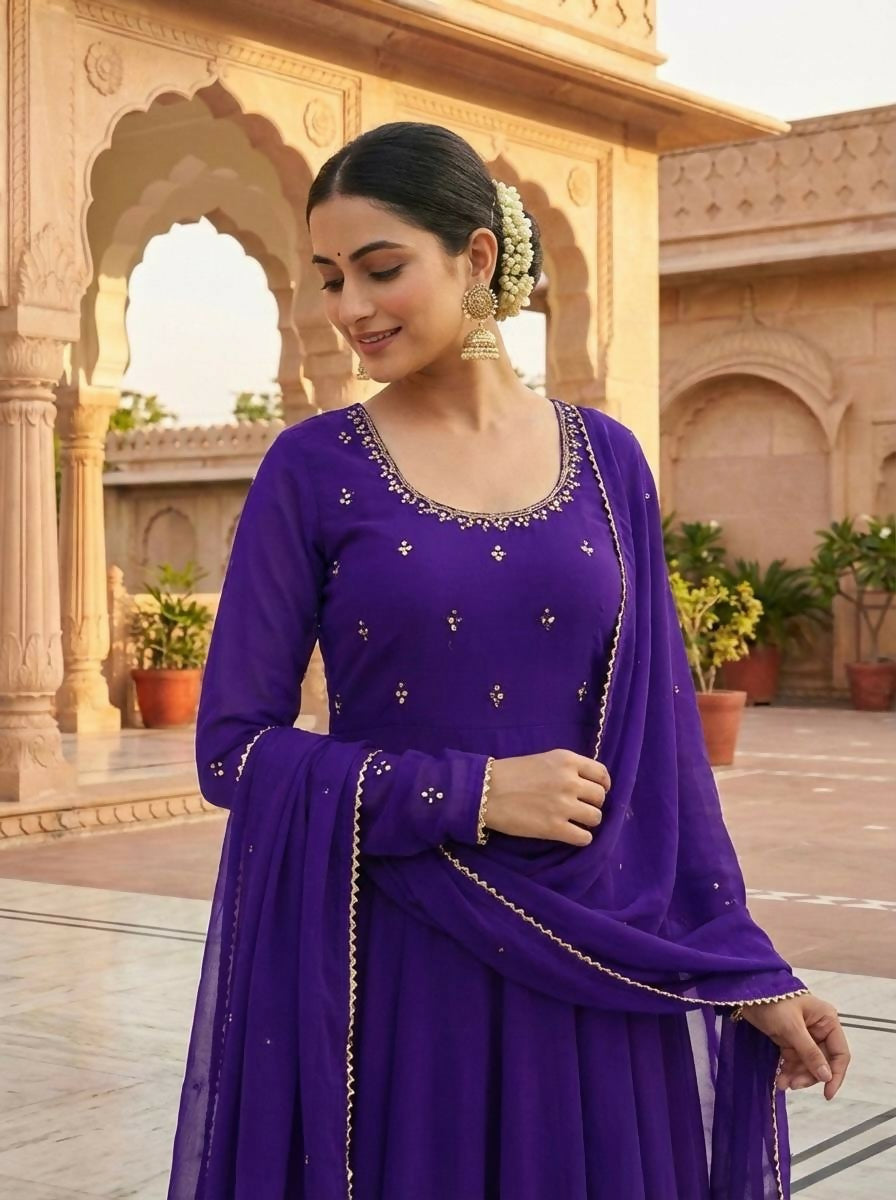 Teeya Creation Womens New Fancy Fox Georgette Heavy Quality Fabricw With Handwork Purple Gown Set - Dista