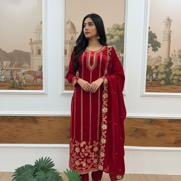 Joban Fashion Red Velvet Embroidery Sequence Work Readymade Kurta Set - Distacart
