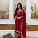 Thumbnail for Joban Fashion Red Velvet Embroidery Sequence Work Readymade Kurta Set - Distacart