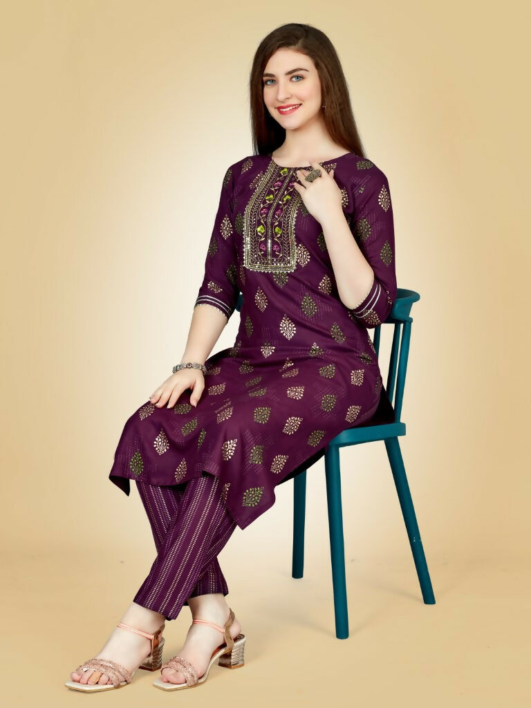 Jyoti Fashion Women's Wine Viscose Rayon Embroidered Kurta Pant Set - Distacart