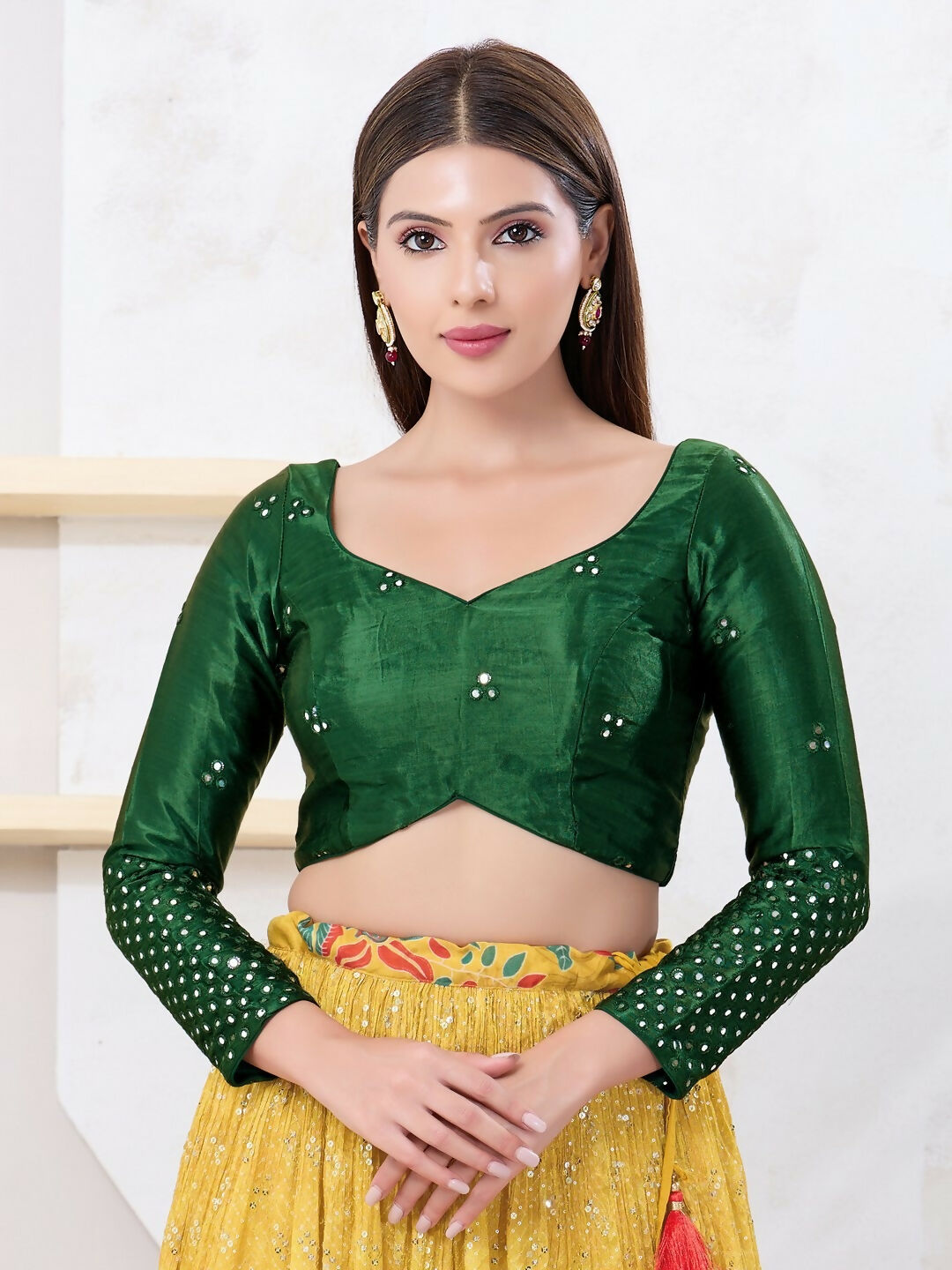 Joban Fashion Bottle-Green Gajji Silk Elbow Sleeveless Back Open Blouse