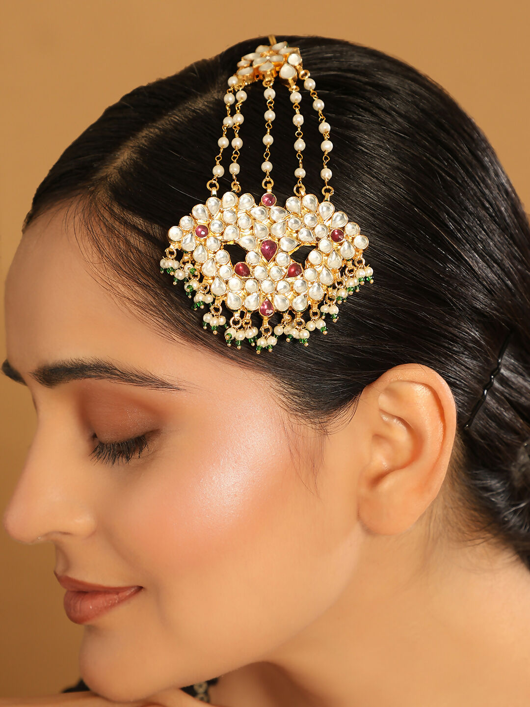Nuyug 22K Gold-Plated Kundan & Red Stone Studded Jhumar Paasa Head Jewellery