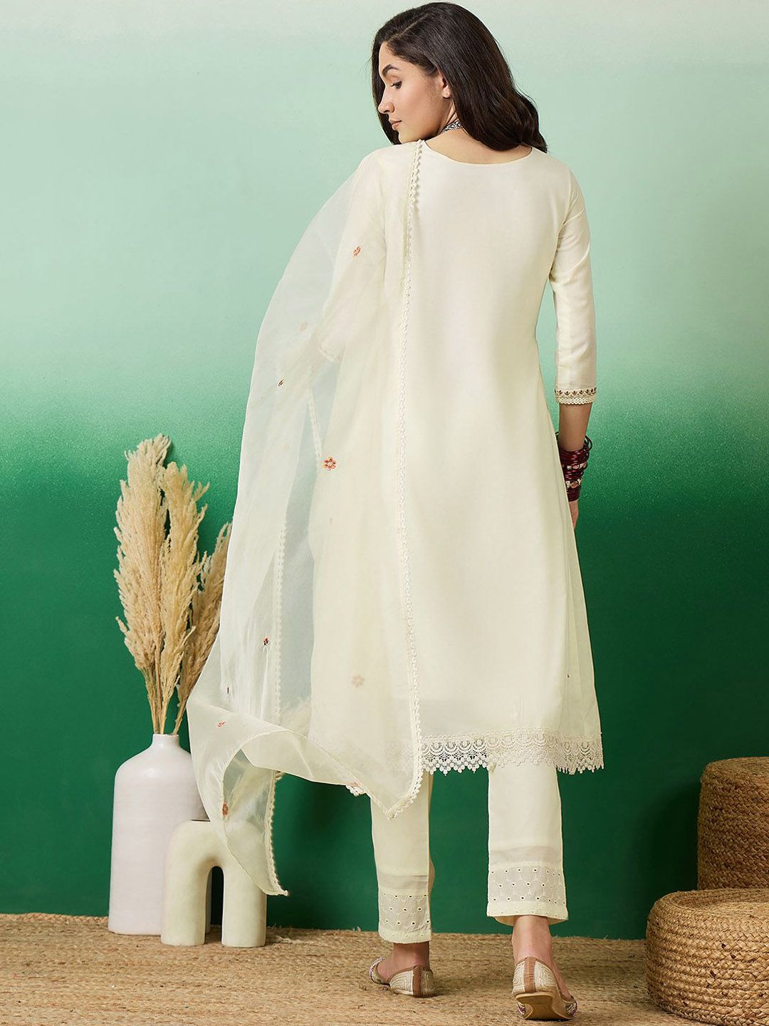 Sangria Embroidered A-Line Kurta With Trousers & Dupatta