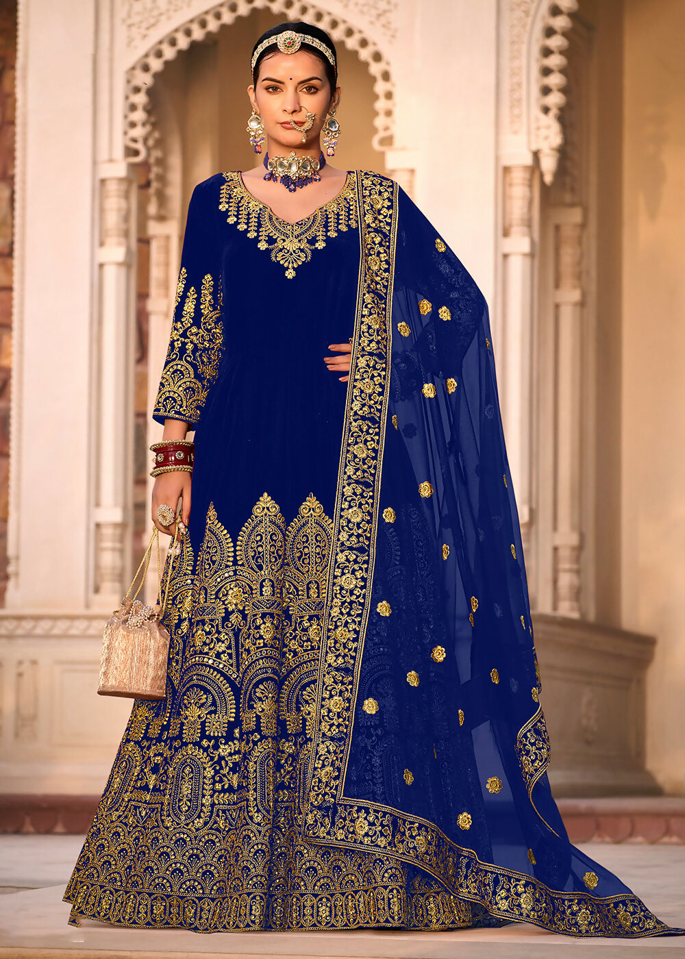 Blue Velvet Front & Back Embroidery Wedding Anarkali Suit - Emponline - Distacart