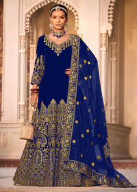 Thumbnail for Blue Velvet Front & Back Embroidery Wedding Anarkali Suit - Emponline - Distacart