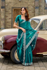 Thumbnail for Vastranavya Rama Embroidery Work Shimmer Chiffon Saree with Unstitched Blouse