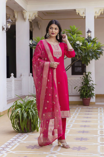The52 Women's Beautiful Embroidery Work Viscose Chanderi Fabric Straight Kurta Pant and Dupatta Set-Red - Dista