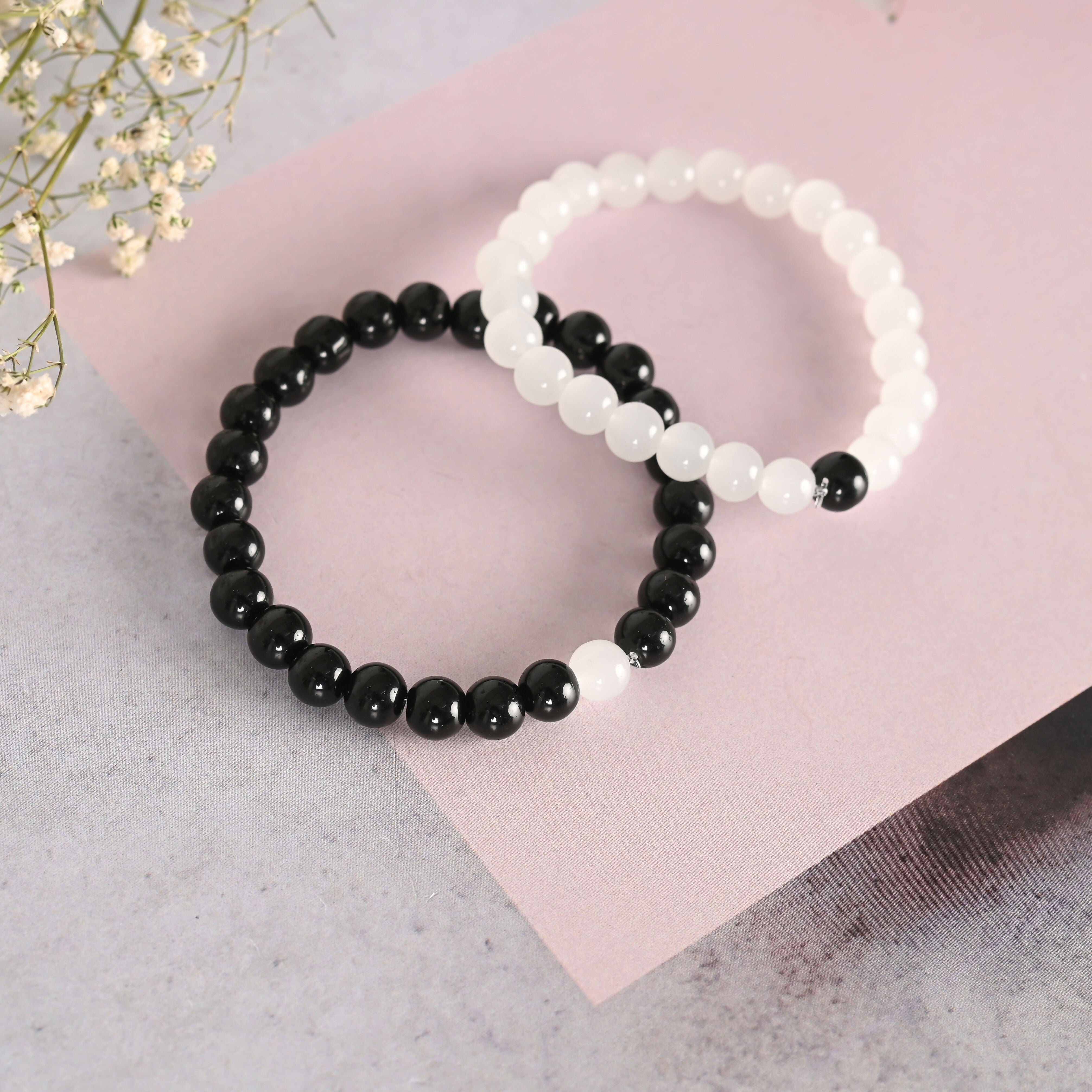 NVR Men & Women White & Black Marbel Crystal Elasticated Bracelet - Distacart