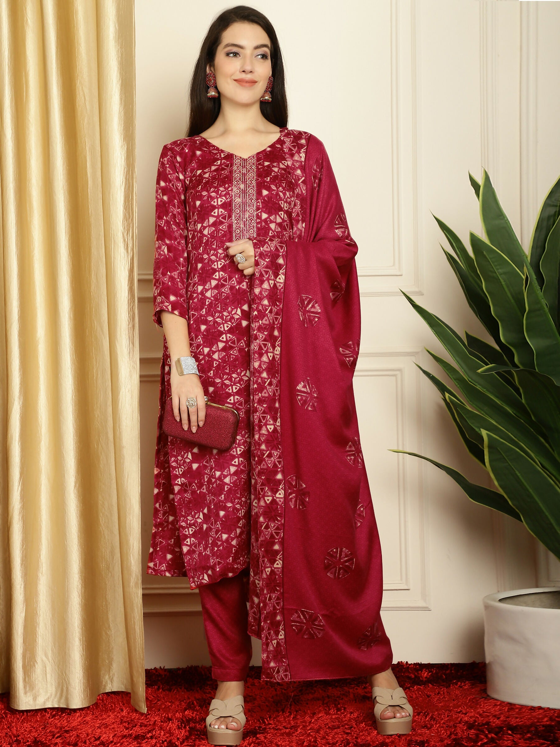 Jyoti Fashion Women's Red Pashmina Floral Digital Printed Kurta with Trouser & Dupatta - Distacart