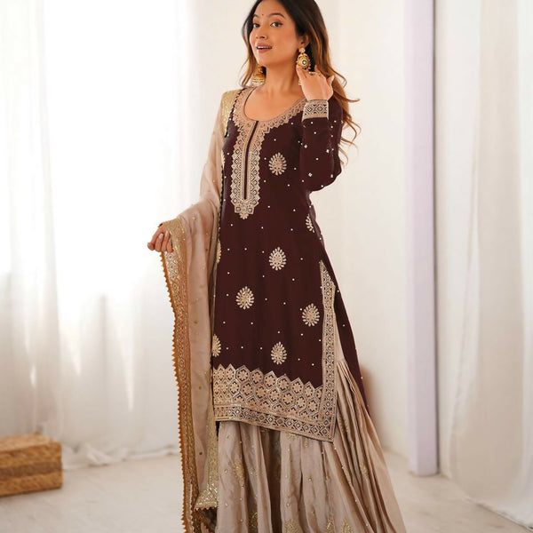 Lehenga Mart Designer Sharara Suit With Kurta, Sharara, Dupatta For Women-Brown - Distacart