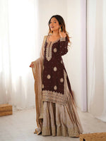 Thumbnail for Lehenga Mart Designer Sharara Suit With Kurta, Sharara, Dupatta For Women-Brown - Distacart