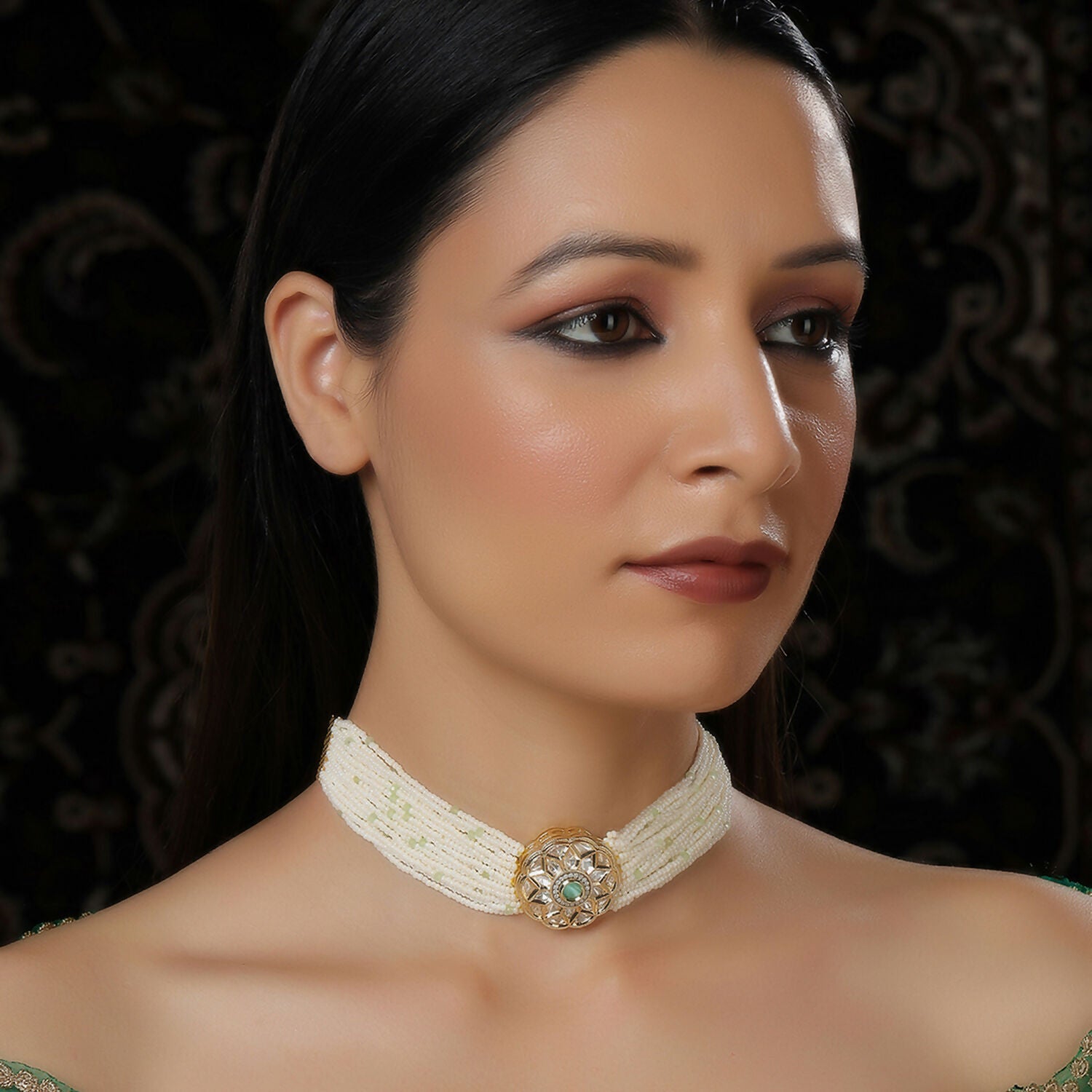 Pearl and Kundan Choker with Intricate Flower Design (White) - Ruby Raang - Distacart