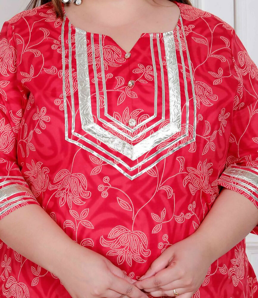 Miravan Plus Size Red Floral Print Embroidered Cotton Straight Kurta With Palazzo & Dupatta - Distacart