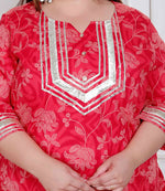 Thumbnail for Miravan Plus Size Red Floral Print Embroidered Cotton Straight Kurta With Palazzo & Dupatta - Distacart