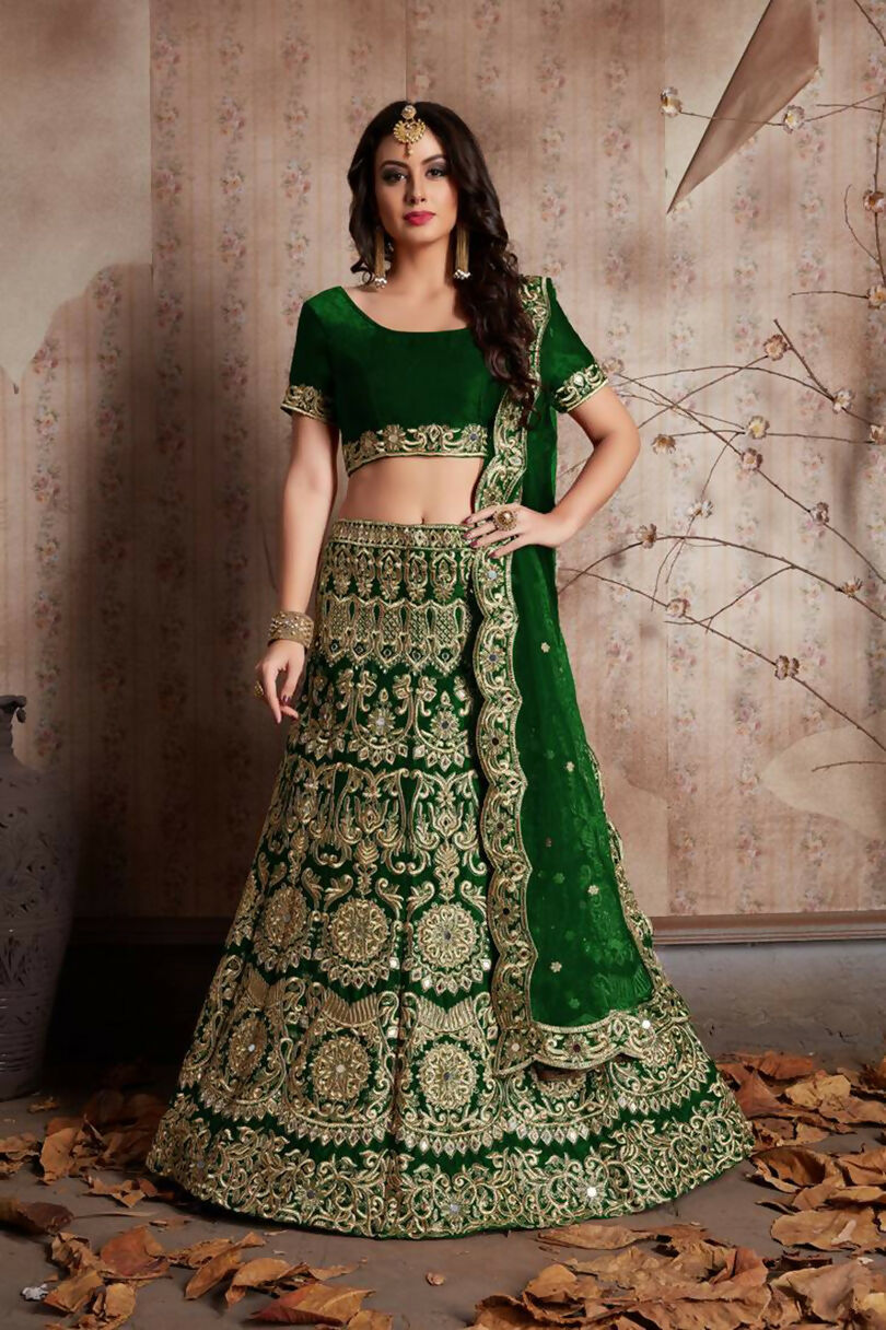 Jyoti Fashion Mesmerizing Green Sequins Embroidered Velvet Lehenga Choli with Dupatta - Distacart