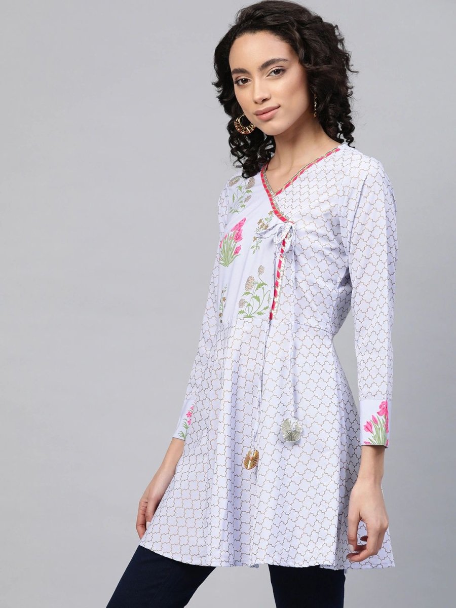 Ahalyaa Women Blue Crepe Pink & Gold Ethnic Print Angrakha Tunic