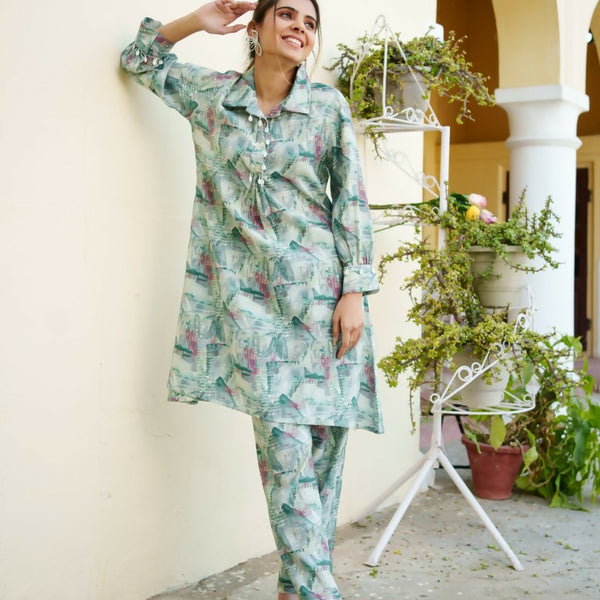 Vaasva Women Mint Muslin Printed Shirt & Pant Set - Distacart