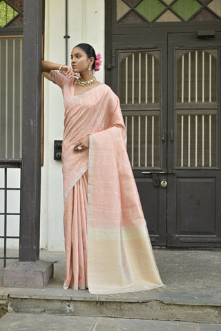 Vishnu Weaves Women's Peach Premium Tussar Silk Saree with Blouse - Distacart
