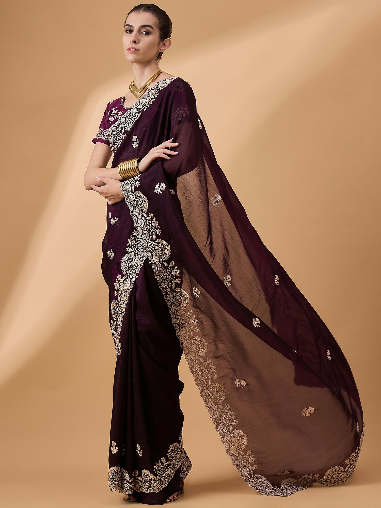 Purple Silk Embroidered Saree with Unstitched Blouse Piece - Satya - Distacart