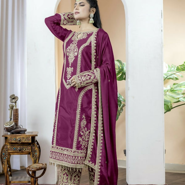 Teeya Creation Wine Color Chinnon Silk Embroidery Work Fully Stitched Salwar Suit