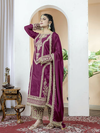 Teeya Creation Wine Color Chinnon Silk Embroidery Work Fully Stitched Salwar Suit
