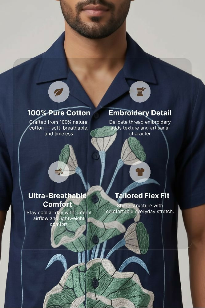 Midnight Bloom — Navy Lotus Embroidered Cotton Shirt by Hilo Design - Dista
