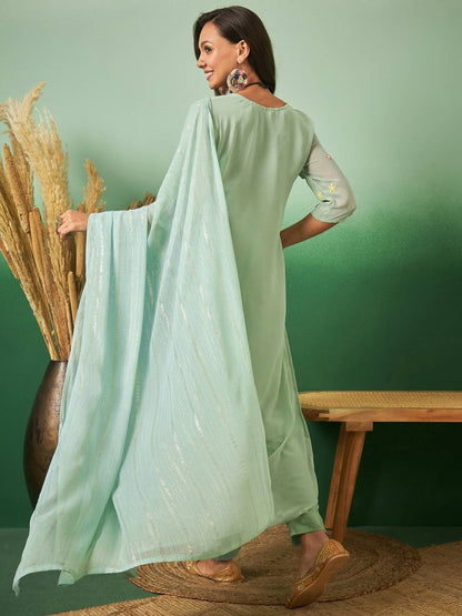 Aqua Blue Georgette Handwork Unstitched Dress Material - Hanika - Distacart