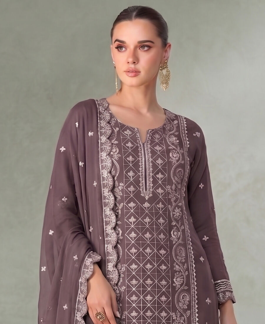 KC Lilac Pakistani Straight Suit For Women Chiffon - Dista