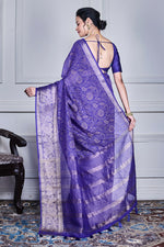 Thumbnail for Morchari Dark Blue Script Printed Orzanga Saree Unstitched Blouse