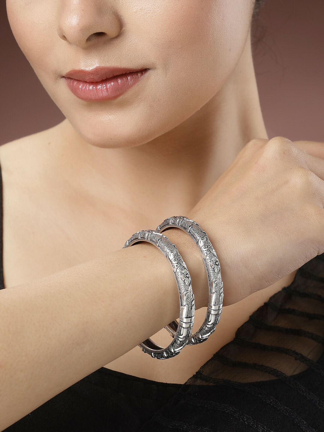 NVR Women's Silver-Toned German Silver Floral Oxidised Kada Bangle - Distacart