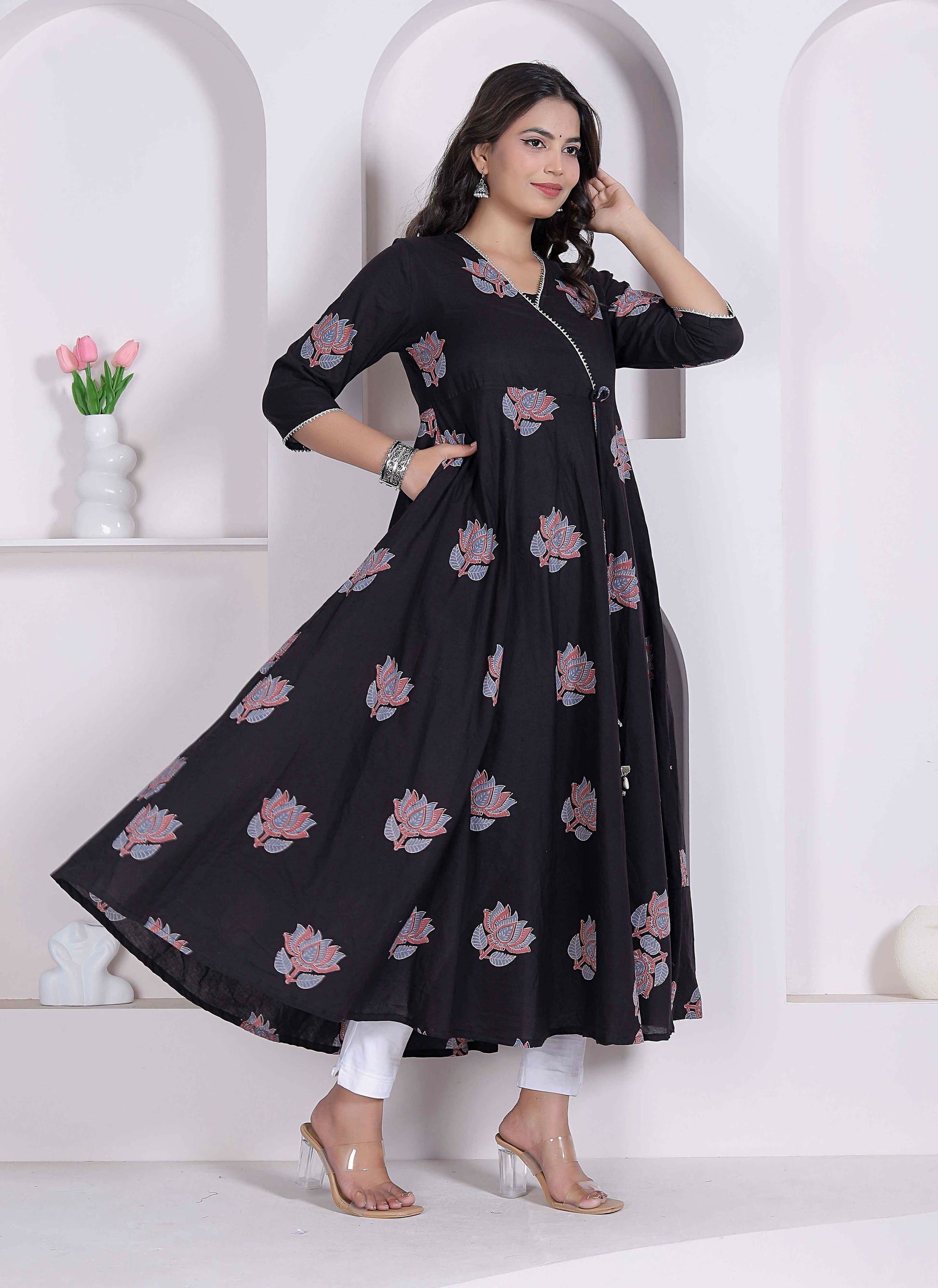 Miravan Womens Cotton Floral Print Anarkali Kurta-Black - Dista