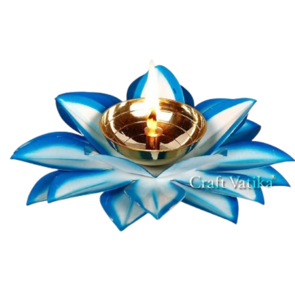 CraftVatika Brass Diya Oil Lamp Stand Lotus Kamal Patti Diyas - Sky Blue - Dista