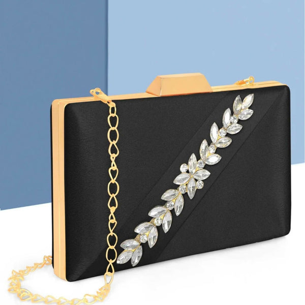 Joban Fashion Luxurious Satin Evening Clutch With Detachable Chain Strap - Black