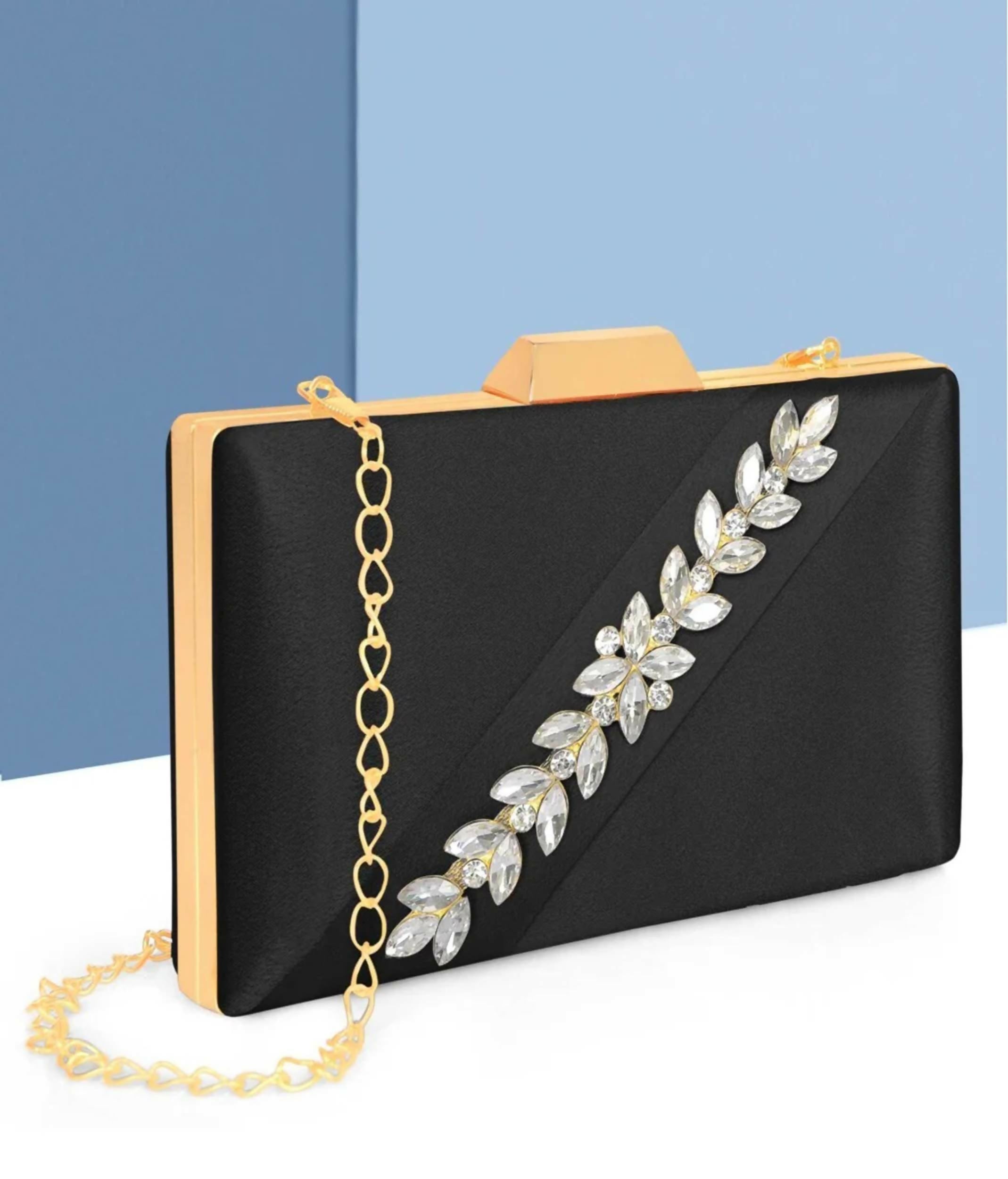 Joban Fashion Luxurious Satin Evening Clutch With Detachable Chain Strap - Black - Dista