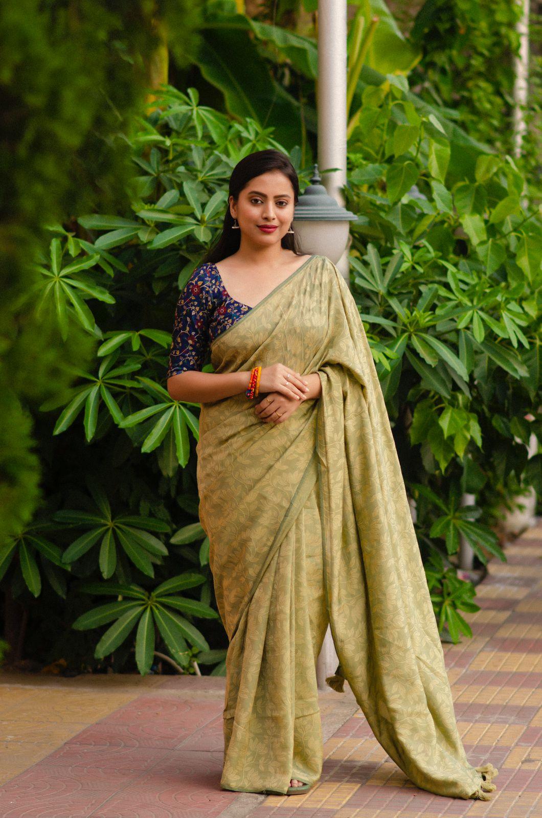Olive Jute Silk Woven Design Saree with Unstitched Blouse - A2M - Distacart