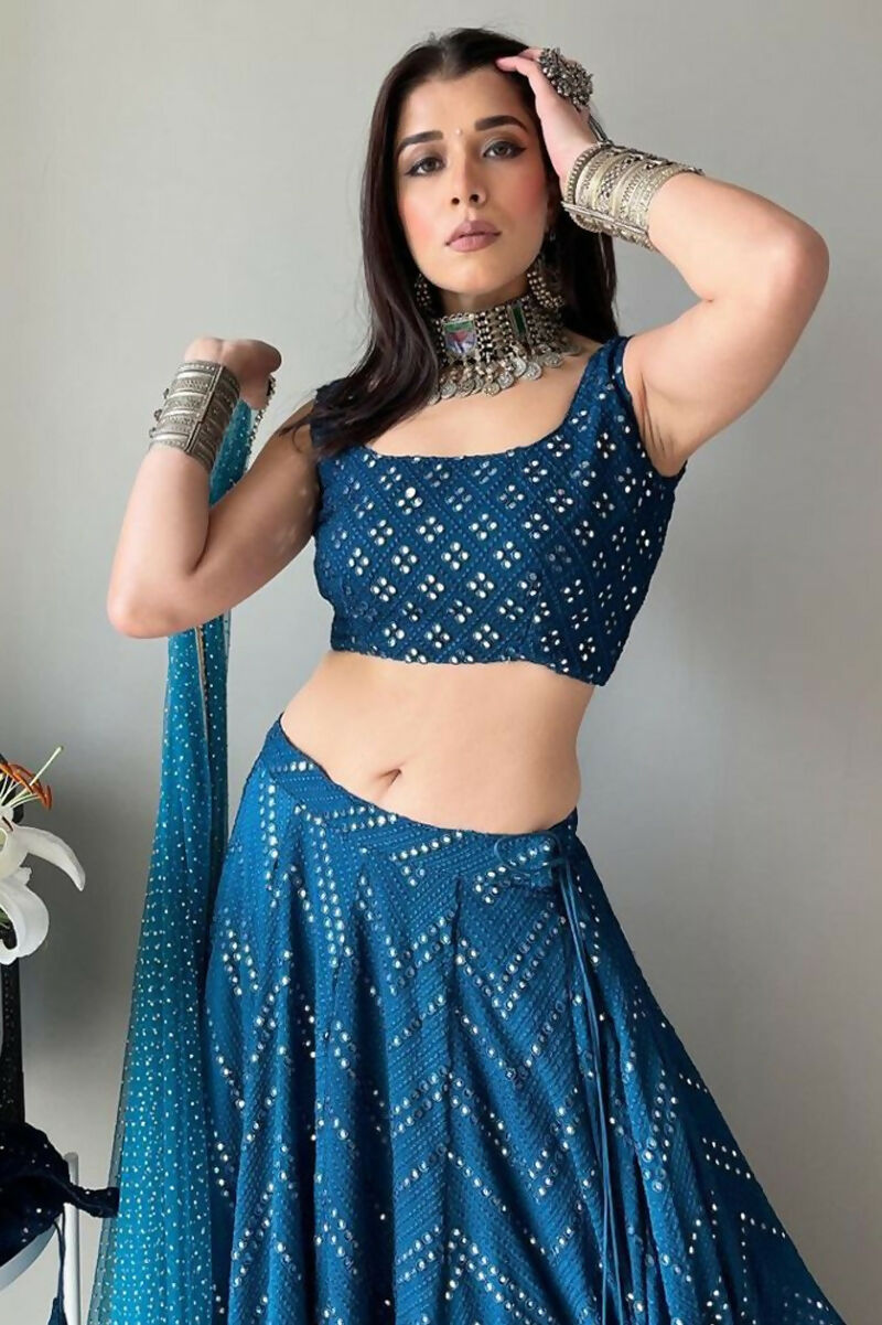 Jyoti Fashion Blue Thread Embroidery Georgette Designer Lehenga Choli with Dupatta - Distacart